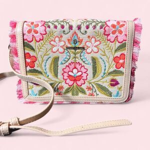Spartina 449 Cordelia Embroidered Linen Leather Crossbody Coastal Boho Bag